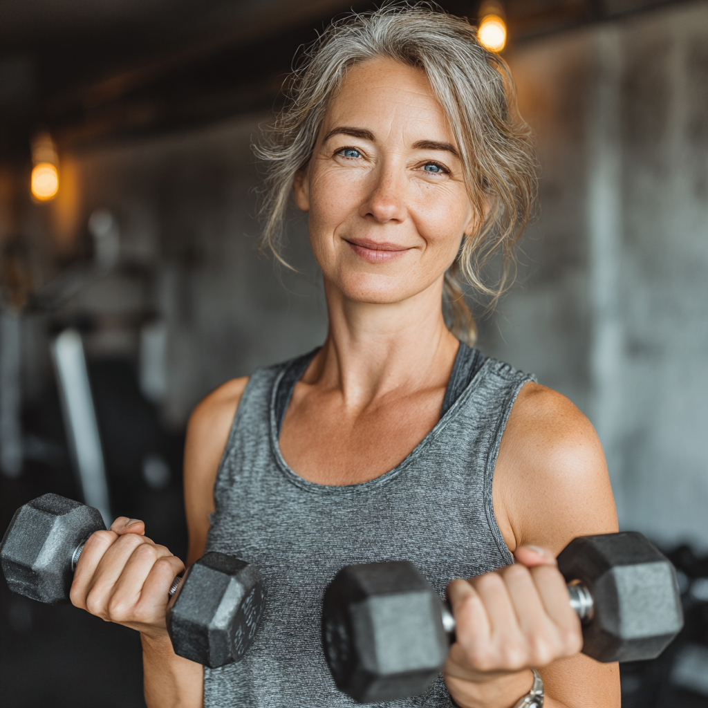 Confident middle-aged woman in athletic wear holding dumbbells with a smile, demonstrating strength training in a modern gym environment