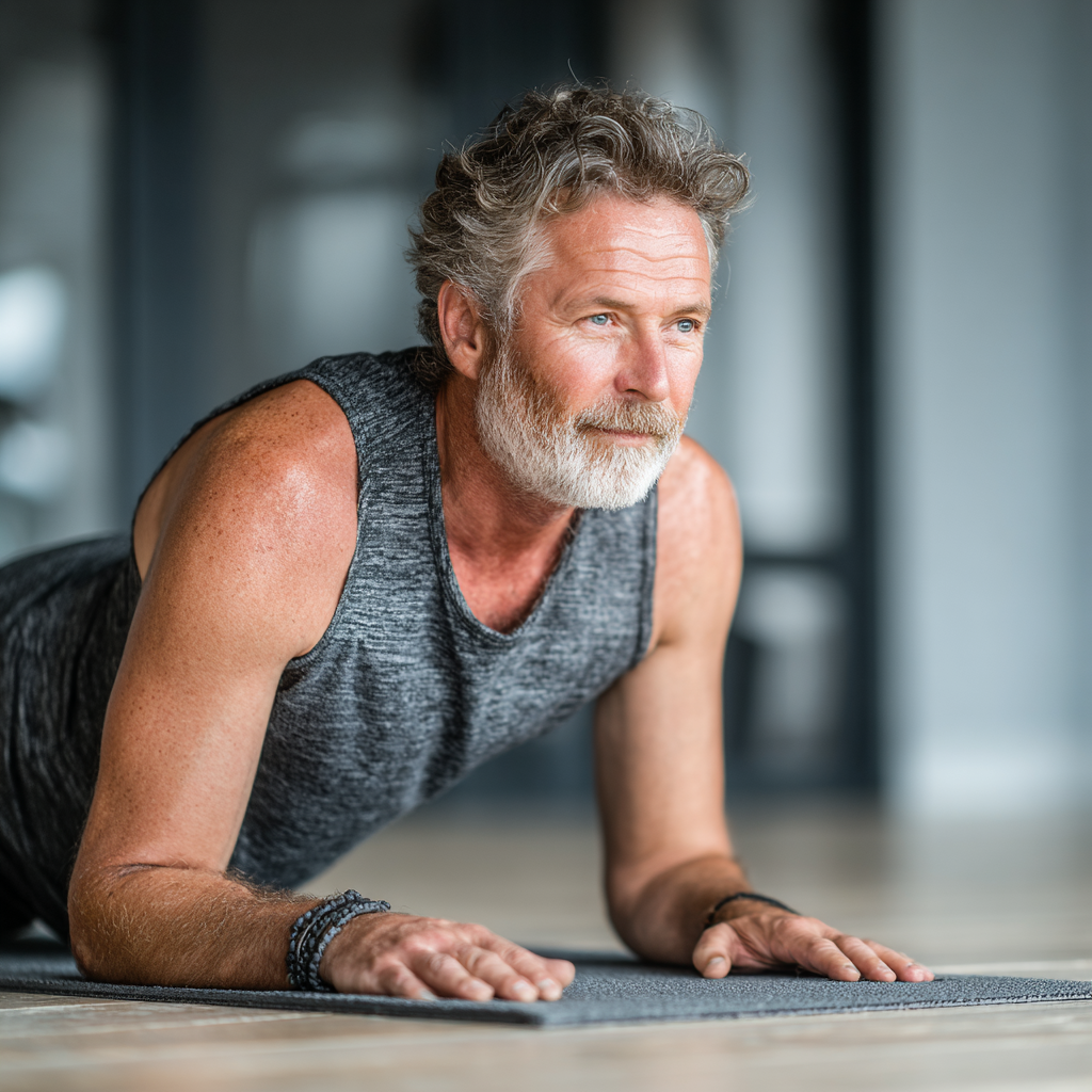 Mature man in his fifties performing a plank exercise on a yoga mat in a bright modern studio, showing determination and proper form